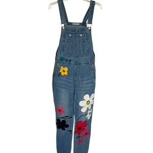 Misslook Painted Flower Denim Bib Overalls Womens S Boho Hippie Art to Wear
